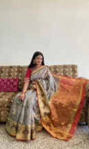GREY SAREE WITH GOLDEN PALLU AND RED BLOUSE PIECE