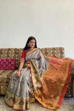GREY SAREE WITH GOLDEN PALLU AND RED BLOUSE PIECE