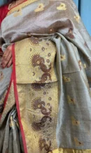 GREY SAREE WITH GOLDEN PALLU AND RED BLOUSE PIECE