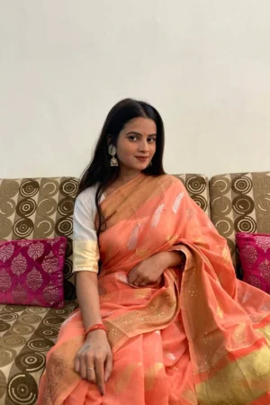 ORANGE SAREE WITH GOLDEN PALLU AND RED BLOUSE PIECE