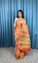 PEACH SAREE WITH GOLDEN PALLU AND RED BLOUSE PIECE