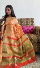 PEACH SAREE WITH GOLDEN PALLU AND RED BLOUSE PIECE