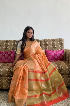 PEACH SAREE WITH GOLDEN PALLU AND RED BLOUSE PIECE