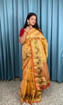 YELLOW SAREE WITH GOLDEN PALLU AND RED BLOUSE PIECE