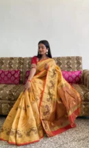 YELLOW SAREE WITH GOLDEN PALLU AND RED BLOUSE PIECE
