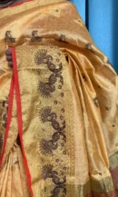YELLOW SAREE WITH GOLDEN PALLU AND RED BLOUSE PIECE