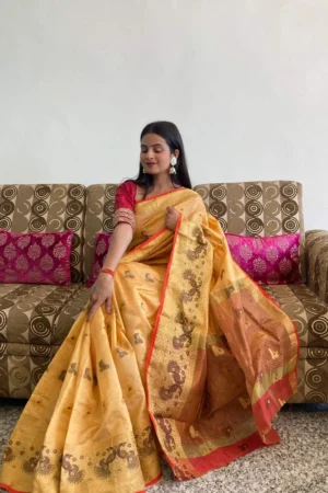 YELLOW SAREE WITH GOLDEN PALLU AND RED BLOUSE PIECE