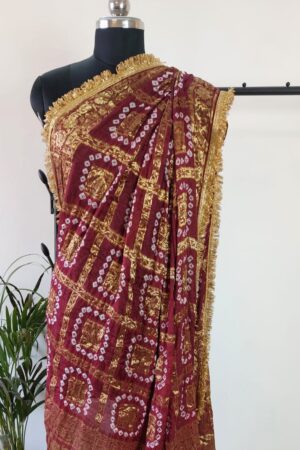 Maroon Bandhini Dupatta With all over Lace