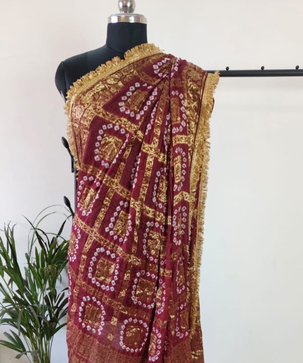 Maroon Bandhini Dupatta With all over Lace
