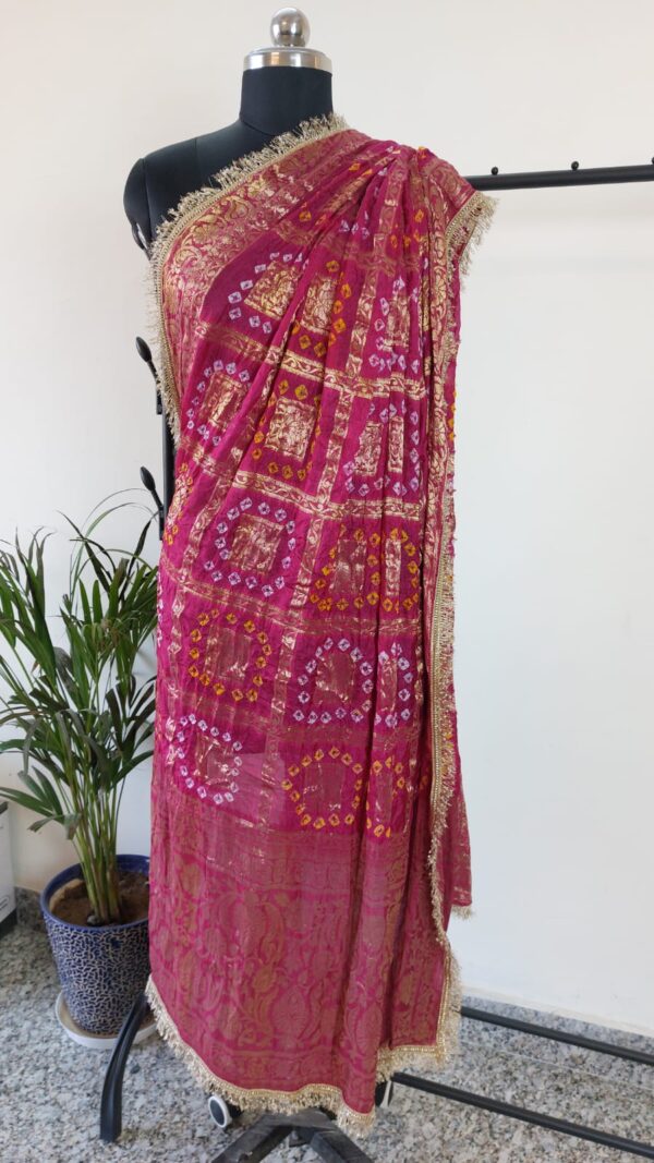 Fuscia Maroon Bandhini Dupatta With all Over Lace