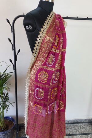 Fuschia Bandhini Dupatta With all Over Lace