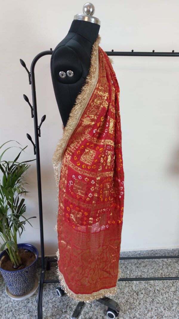 Red Bandhini Dupatta With all over Lace - Image 2