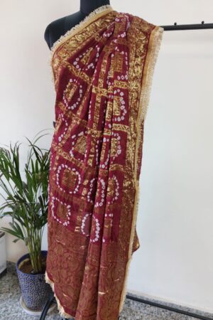 Maroon Bandhini Dupatta With all Over Lace