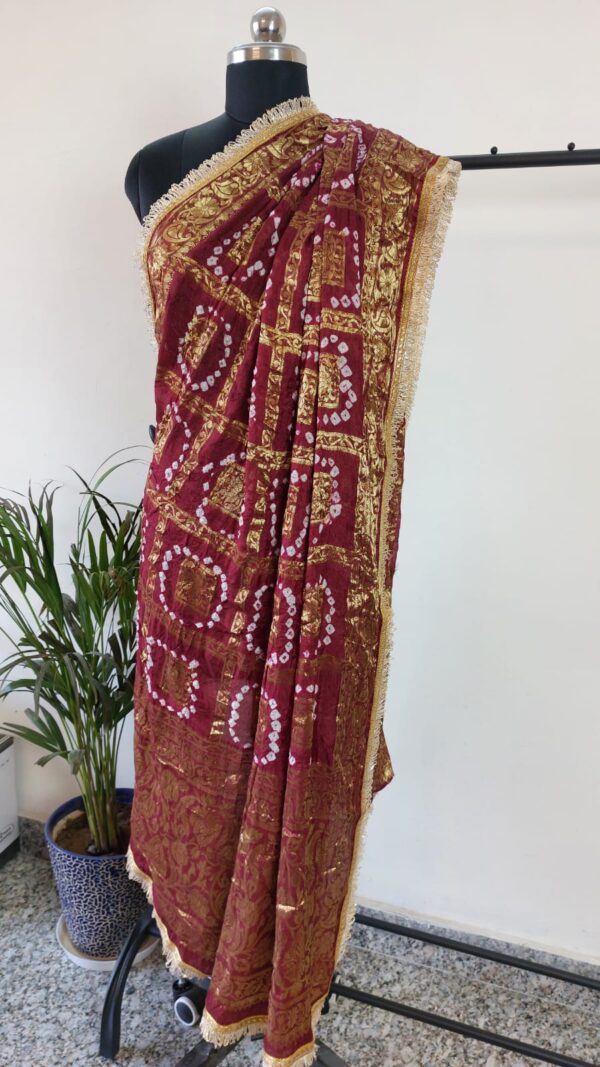 Maroon Bandhini Dupatta With all Over Lace