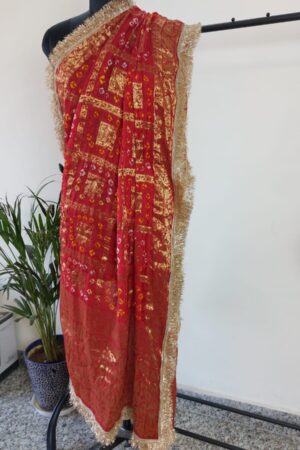 Red Bandhini Dupatta With all over Lace