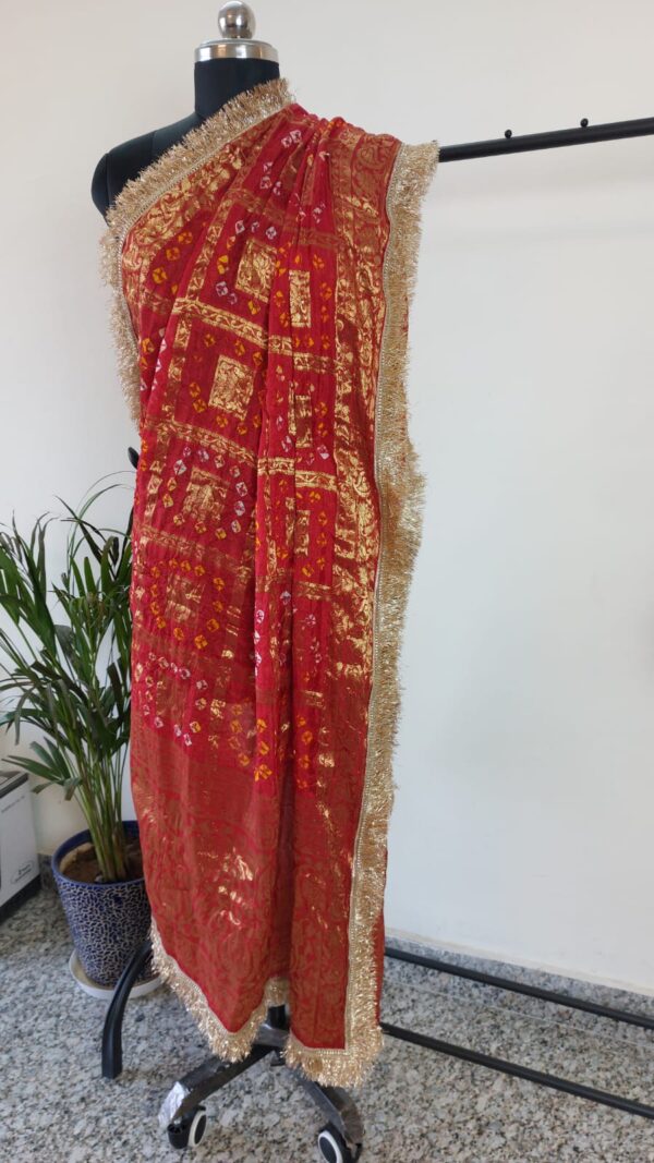 Red Bandhini Dupatta With all over Lace